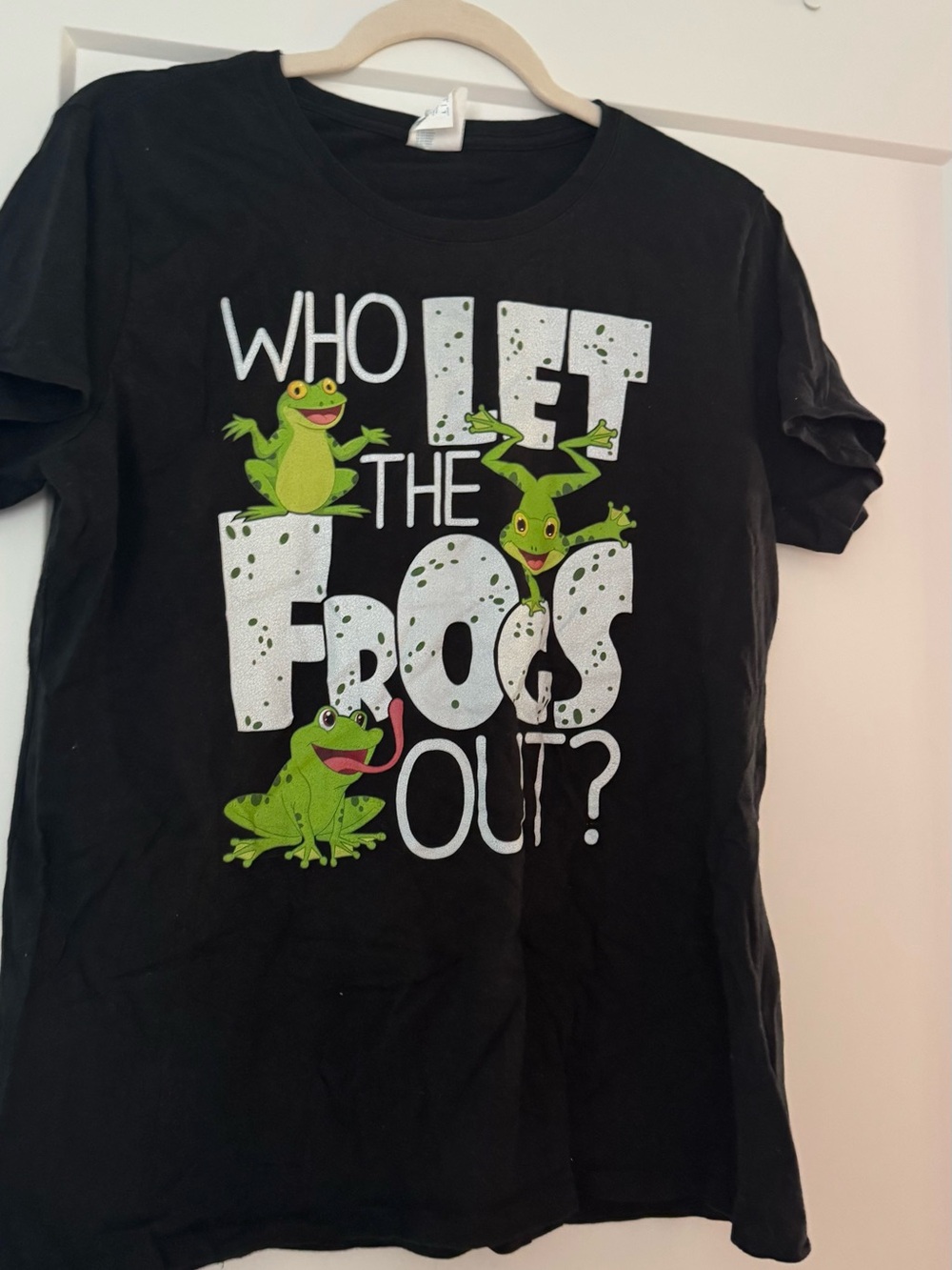 Port and Company Black Graphic Tee with Green Frog Design Who Let The Frogs Out